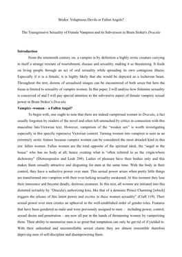 Brides: Voluptuous Devils Or Fallen Angels? the Transgressive Sexuality of Female Vampires and Its Subversion in Bram Stoker's D