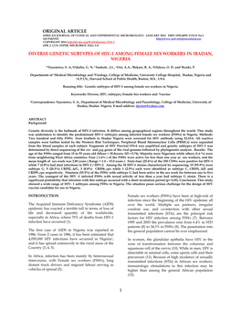 1 Original Article Diverse Genetic Subtypes of Hiv-1 Among Female Sex Workers in Ibadan, Nigeria