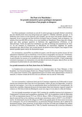 Du Pont À La Macédoine : Les Grands Monastères Grecs Pontiques Marqueurs Territoriaux D'un Peuple En Diaspora