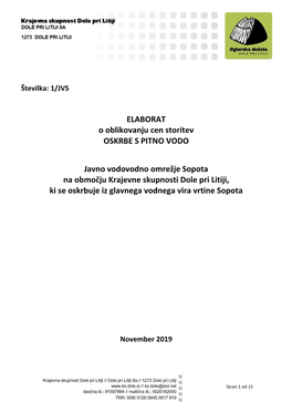 ELABORAT O Oblikovanju Cen Storitev OSKRBE S PITNO VODO Javno