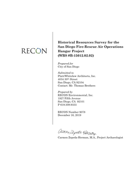 Historical Resources Survey for the San Diego Fire-Rescue Air Operations Hangar Project (WBS #B-15012.02.02)