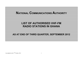 List of Authorised Vhf-Fm Radio Stations in Ghana