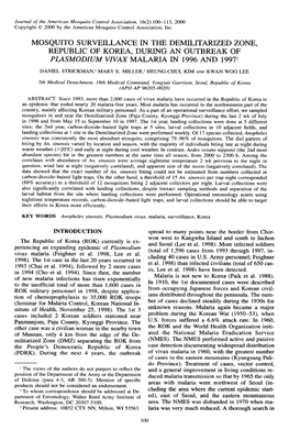 Mosquito Surveillance in the Demilitarized Zone, Republic of Korea, During an Outbreak of Plasmodium Vivax Malaria in 1996 and 19971