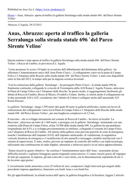 Anas, Abruzzo: Aperta Al Traffico La Galleria Serralunga Sulla Strada Statale 696 `Del Parco Sirente Velino`