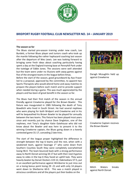 Bridport Rugby Football Club Newsletter No. 14 – January 2019