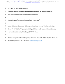 Evolution 1 Ecological Causes of Uneven Diversification and Richness