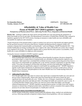 Affordability & Value of Health Care Focus of MAHP 2017-2018