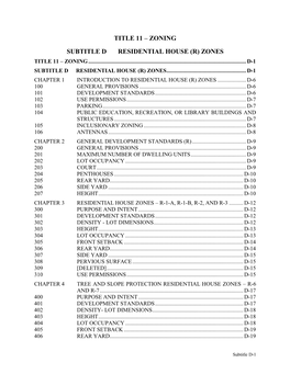 Title 11 – Zoning Subtitle D Residential