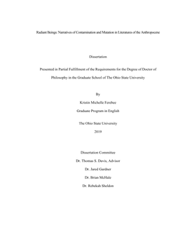 Narratives of Contamination and Mutation in Literatures of the Anthropocene Dissertation Presented in Partial