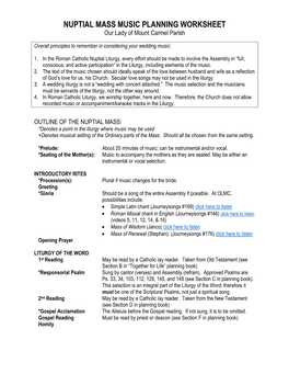 NUPTIAL MASS MUSIC PLANNING WORKSHEET Our Lady of Mount Carmel Parish