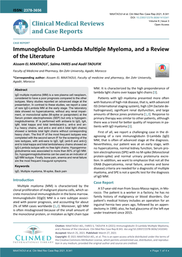 Immunoglobulin D-Lambda Multiple Myeloma, and a Review of the Literature Aissam EL MAATAOUI*, Salma FARES and Aadil TAOUFIK