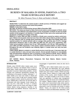 Burden of Malaria in Sindh, Pakistan: a Two Years Surveillance Report