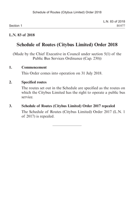 Schedule of Routes (Citybus Limited) Order 2018