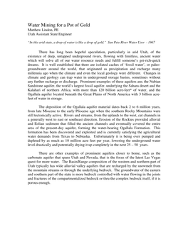 Water Mining for a Pot of Gold Matthew Lindon, PE Utah Assistant State Engineer