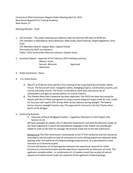 Connecticut Pilot Commission Regular Public Meeting April 16, 2019 New Haven Regional Fire Training Academy New Haven, CT