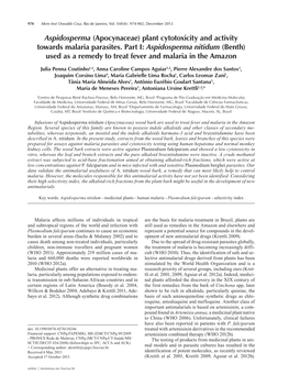 Aspidosperma (Apocynaceae) Plant Cytotoxicity and Activity Towards Malaria Parasites