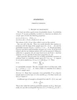 1. Review of Probability We Start out with a Quick Review of Probability Theory