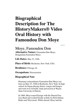 Biographical Description for the Historymakers® Video Oral History with Famoudou Don Moye