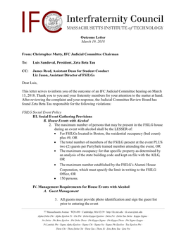 Outcome Letter March 19, 2018 From: Christopher Mutty, IFC Judicial Committee Chairman To: Luis Sandoval, President, Zeta Beta