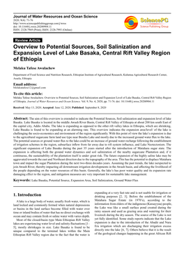 Overview to Potential Sources, Soil Salinization and Expansion Level of Lake Basaka, Central Rift Valley Region of Ethiopia