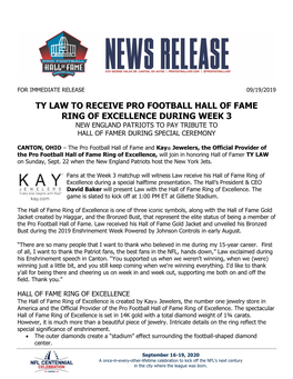 Ty Law to Receive Pro Football Hall of Fame Ring of Excellence During Week 3 New England Patriots to Pay Tribute to Hall of Famer During Special Ceremony