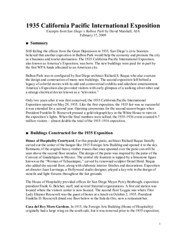 1935 California Pacific International Exposition Excerpts from San Diego’S Balboa Park by David Marshall, AIA February 17, 2009