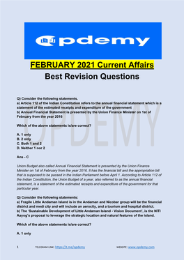 FEBRUARY 2021 Current Affairs Best Revision Questions