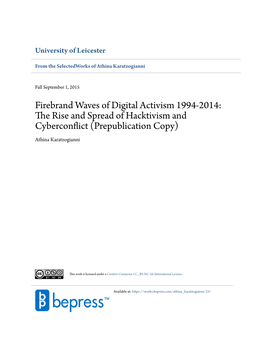 Firebrand Waves of Digital Activism 1994-2014: the Rise and Spread of Hacktivism and Cyberconflict (Prepublication Copy) Athina Karatzogianni