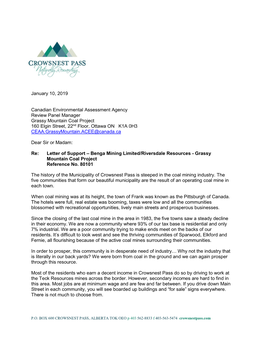 From the Municipality of Crowsnest Pass to the Joint Review Panel Re