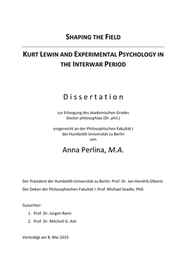 Kurt Lewin and Experimental Psychology in the Interwar Period