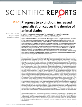 Progress to Extinction: Increased Specialisation Causes the Demise of Animal Clades Recei�E�: �3 �O�Em�Er �015 P