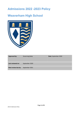 Weaverham High School Admissions Policy