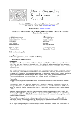 Minutes of the Ordinary Meeting Held on Monday 20Th February 2012 at 7.30Pm at the Corbie Hall, Maryculter, Aberdeenshire