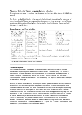 Advanced Colloquial Tibetan Language Summer Intensive Orientation Sessions Start from June 9, and Classes Run from June 14 to August 5, 2021 (Eight Weeks)