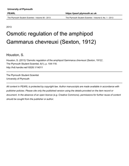 Osmotic Regulation of the Amphipod Gammarus Chevreuxi (Sexton, 1912)