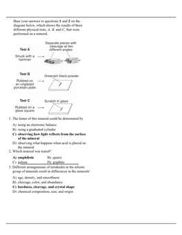 Base Your Answers to Questions 1 and 2 on the Diagram Below, Which Shows the Results of Three Different Physical Tests, A, B, and C, That Were Performed on a Mineral