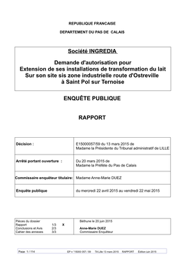 Société INGREDIA Demande D'autorisation Pour Extension De