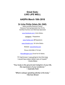 Great Guts: LIVE LIFE WELL AADPA March 10Th 2018 Dr Uche Phillip