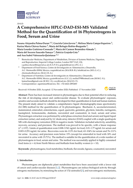 A Comprehensive HPLC-DAD-ESI-MS Validated Method for the Quantiﬁcation of 16 Phytoestrogens in Food, Serum and Urine