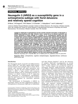 Neuregulin 3 (NRG3) As a Susceptibility Gene in a Schizophrenia Subtype with Florid Delusions and Relatively Spared Cognition