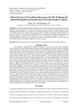 Effect of Access to Livelihood Resources on the Wellbeing of Rural Households in Selected States of South Southern Nigeria