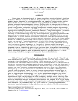 CLIMATE CHANGE and the CHANGING WATER BALANCE for CALIFORNIA's NORTH FORK FEATHER RIVER Gary J. Freeman1 ABSTRACT Climate