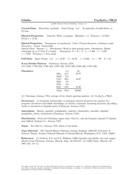 Gilalite Cu5si6o17 ² 7H2O C 2001 Mineral Data Publishing, Version 1.2 ° Crystal Data: Monoclinic, Probable