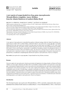 Zootaxa, a New Species of Casque-Headed Tree Frog, Genus Aparasphenodon