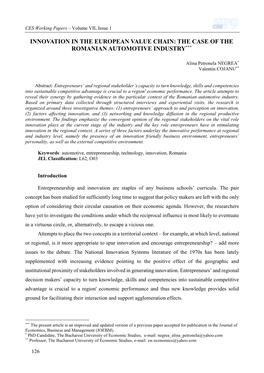 Innovation in the European Value Chain: the Case of the Romanian Automotive Industry***