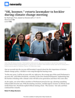 "OK, Boomer," Retorts Lawmaker to Heckler During Climate Change Meeting by Washington Post, Adapted by Newsela Staff on 11.20.19 Word Count 738 Level 1190L