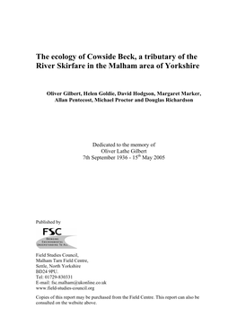 The Ecology of Cowside Beck, a Tributary of the River Skirfare in the Malham Area of Yorkshire