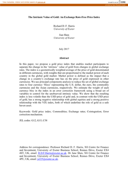 The Intrinsic Value of Gold: an Exchange Rate-Free Price Index Richard D. F. Harris University of Exeter Jian Shen University Of