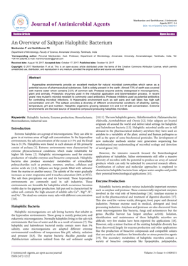 An Overview of Saltpan Halophilic Bacterium