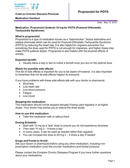 Medication: Propranolol (Inderal) 10 Mg for POTS (Postural Orthostatic Tachycardia Syndrome)